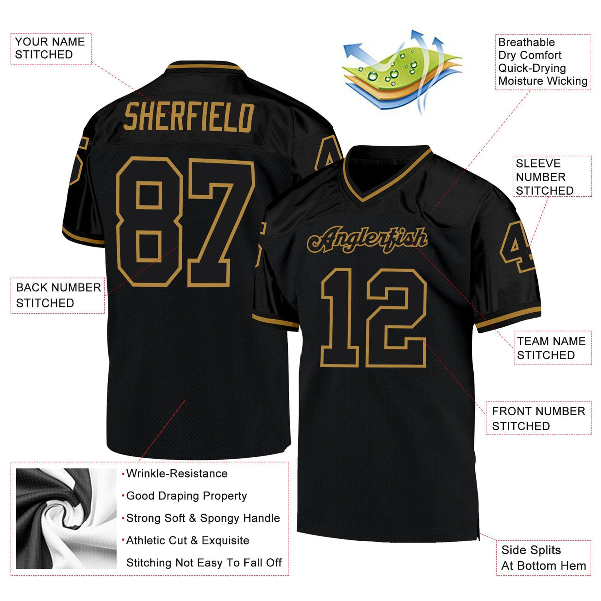 Custom Black Black-Old Gold Mesh Authentic Throwback Football Jersey Limited
