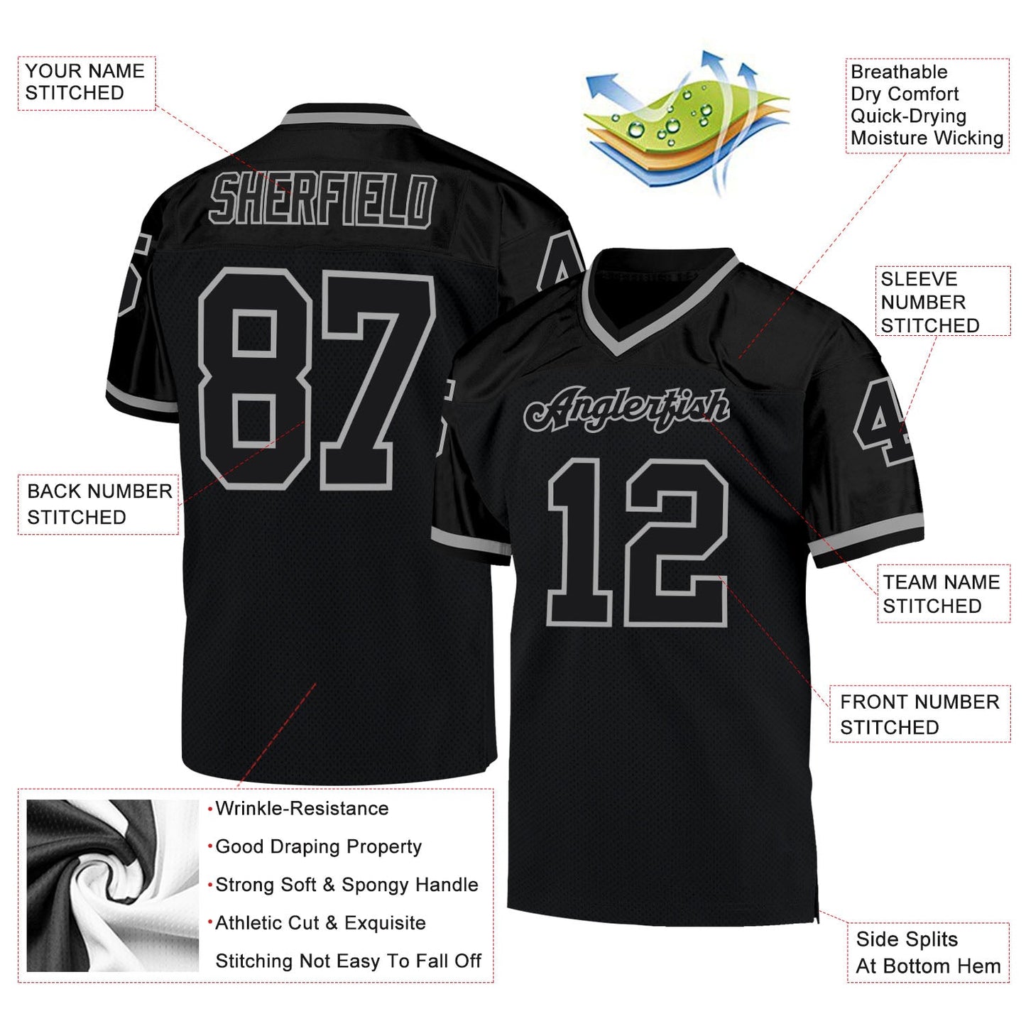 Custom Black Black-Gray Mesh Authentic Throwback Football Jersey Limited