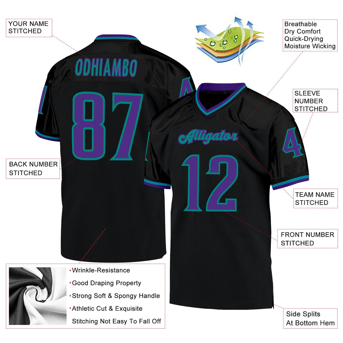 Custom Black Purple-Aqua Mesh Authentic Throwback Football Jersey Limited