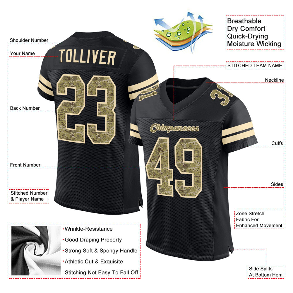 Custom Black Camo-Cream Mesh Authentic Football Jersey Limited