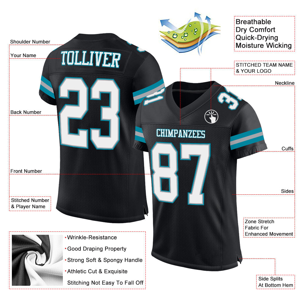 Custom Black White-Teal Mesh Authentic Football Jersey Limited