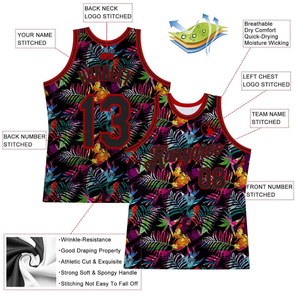 Custom Black Black-Red 3D Pattern Tropical Hawaii Palm Leaves Authentic Basketball Jersey Limited