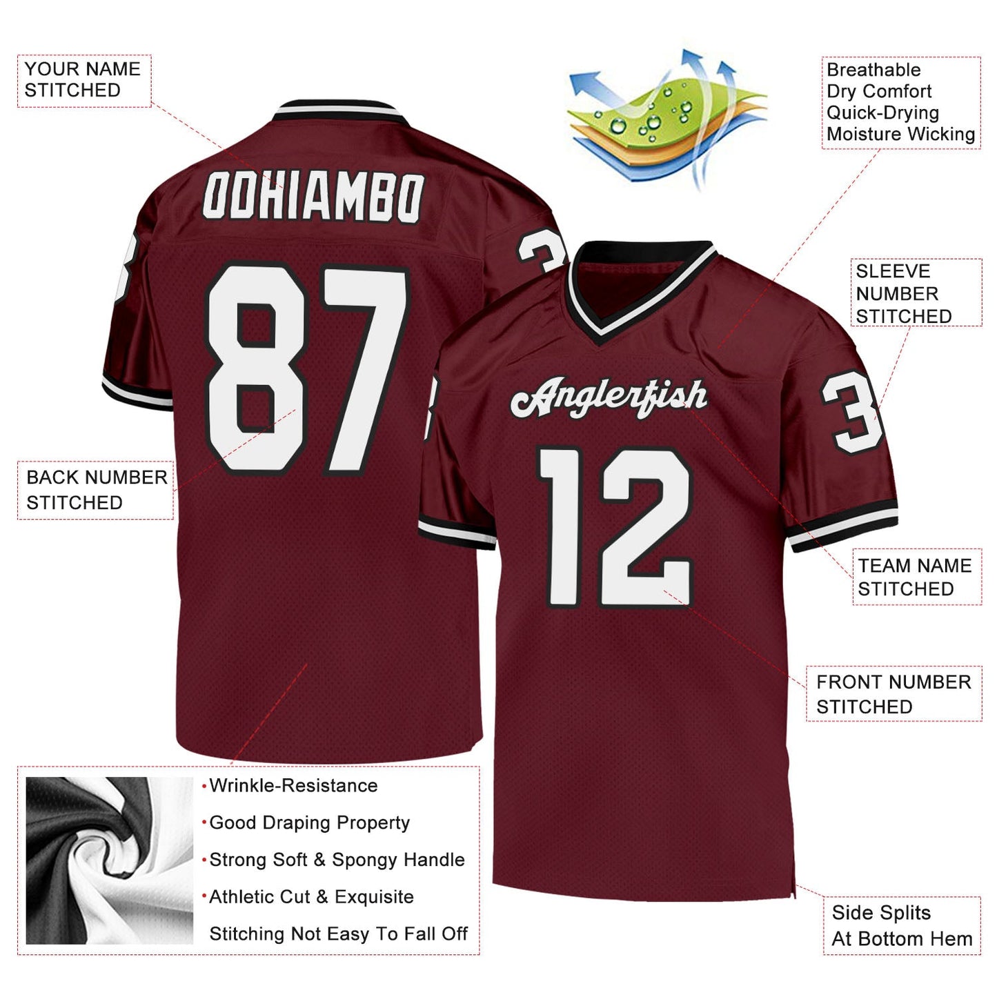 Custom Burgundy White-Black Mesh Authentic Throwback Football Jersey Limited