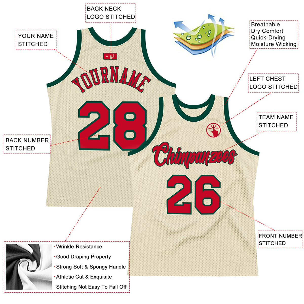 Custom Cream Red-Hunter Green Authentic Throwback Basketball Jersey Limited