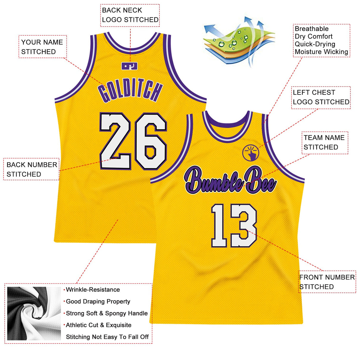 Custom Gold White-Purple Authentic Throwback Basketball Jersey Limited
