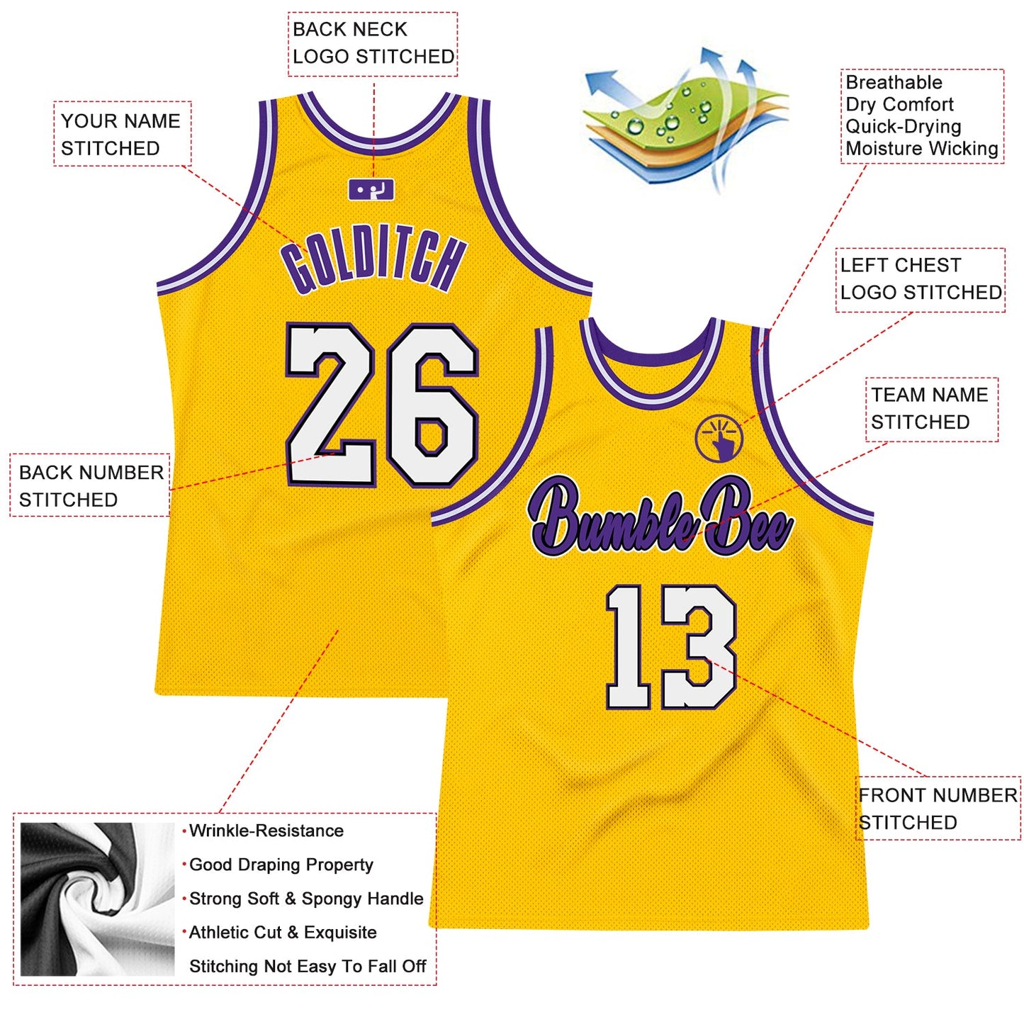 Custom Gold White-Purple Authentic Throwback Basketball Jersey Limited