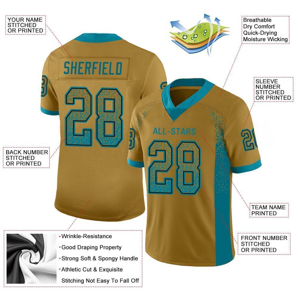 Custom Old Gold Teal-Black Mesh Drift Fashion Football Jersey Limited