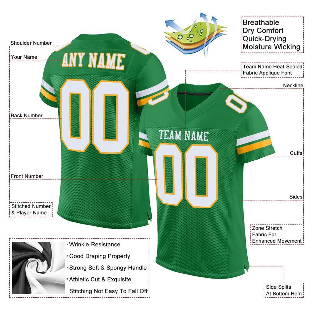 Custom Grass Green White-Gold Mesh Authentic Football Jersey Limited