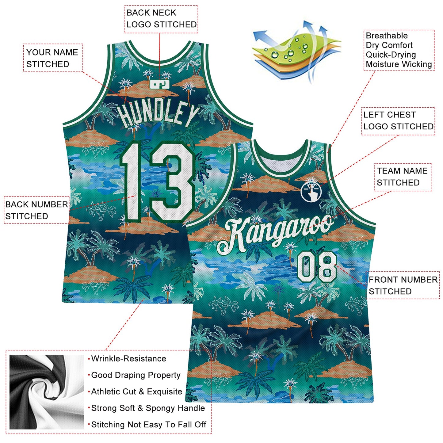 Custom Kelly Green White-Kelly Green 3D Pattern Hawaii Palm Trees Authentic Basketball Jersey Limited
