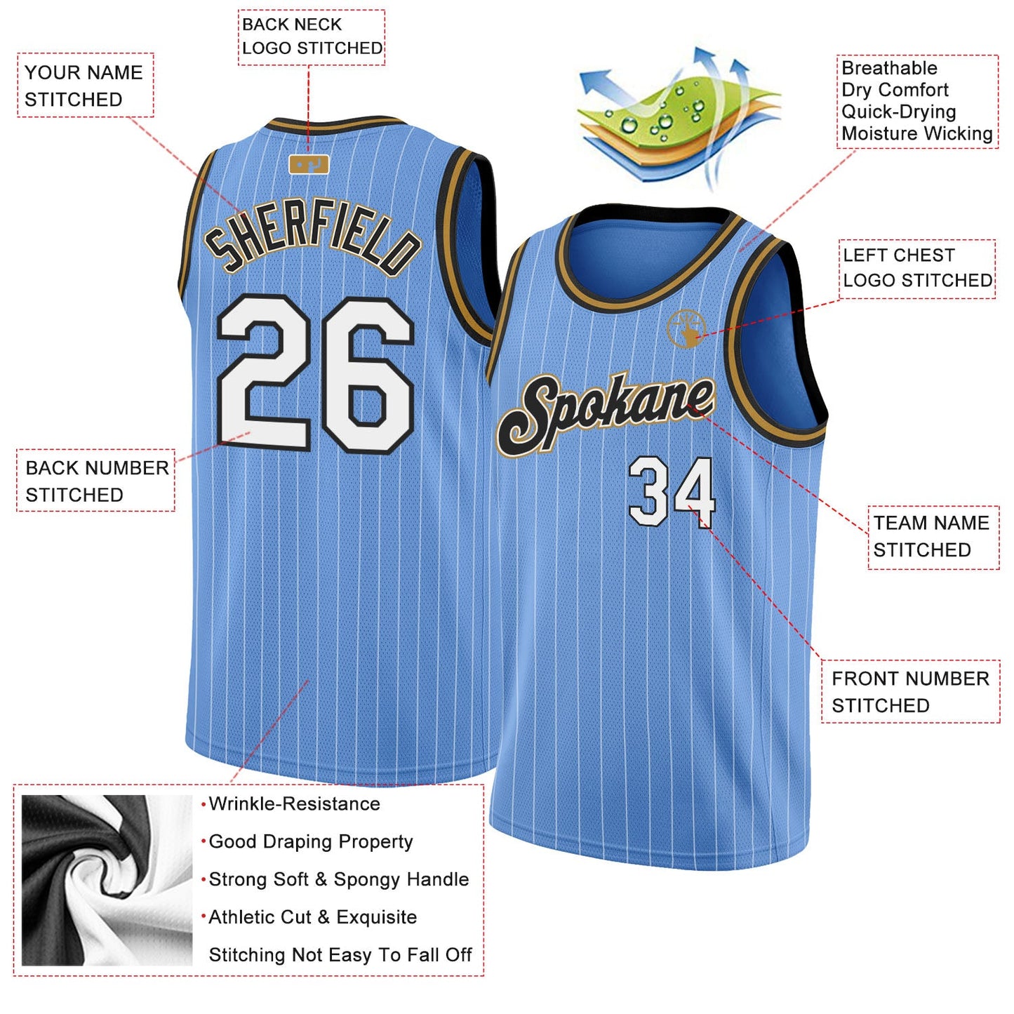 Custom Light Blue White Pinstripe White-Old Gold Authentic Basketball Jersey Limited