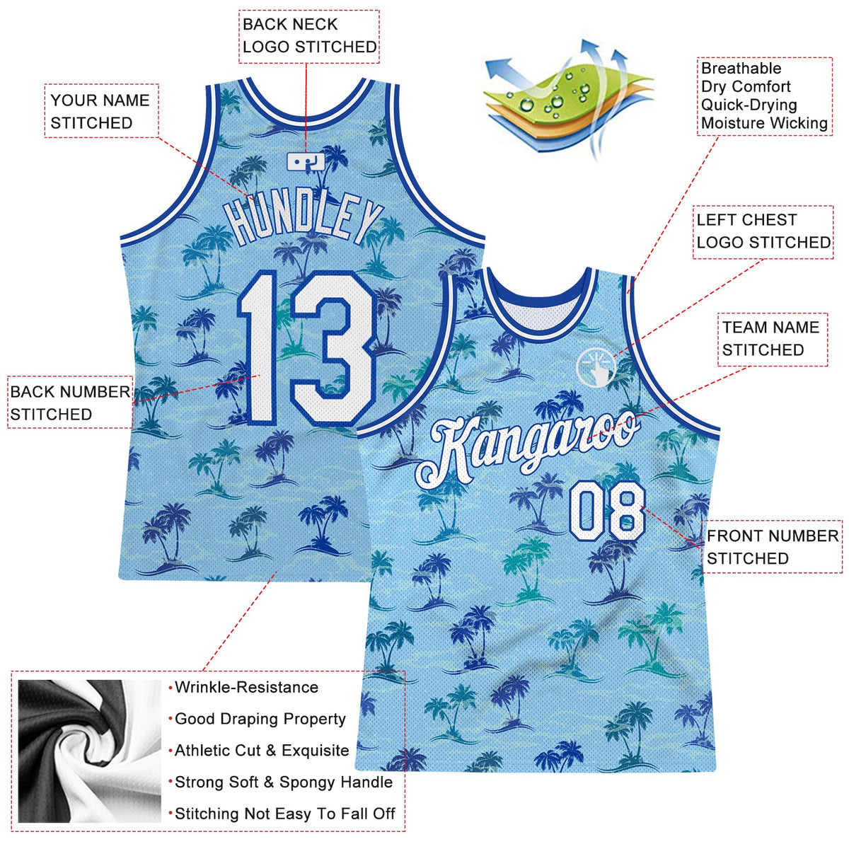 Custom Light Blue White-Royal 3D Pattern Hawaii Palm Trees Authentic Basketball Jersey Limited
