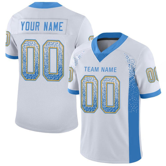 Custom White Powder Blue-Gold Mesh Drift Fashion Football Jersey Limited