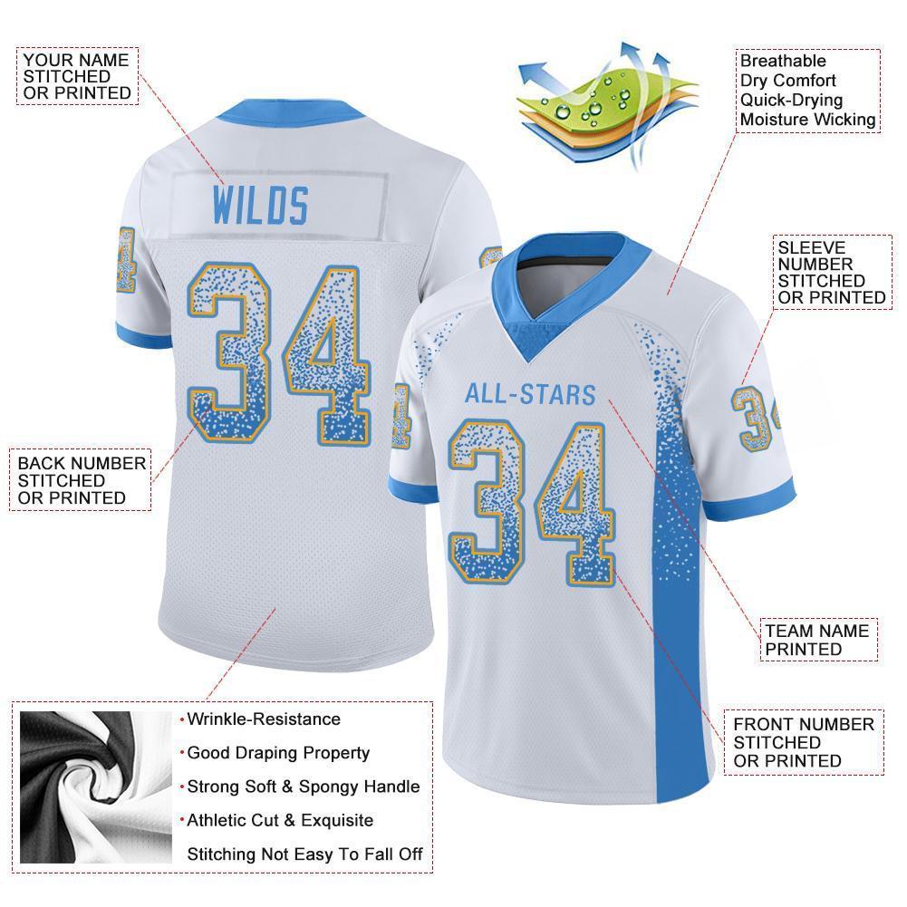 Custom White Powder Blue-Gold Mesh Drift Fashion Football Jersey Limited
