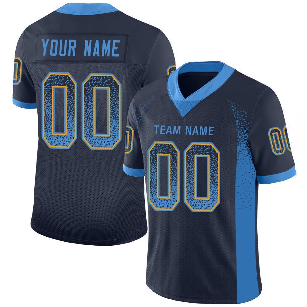 Custom Navy Powder Blue-Gold Mesh Drift Fashion Football Jersey Limited