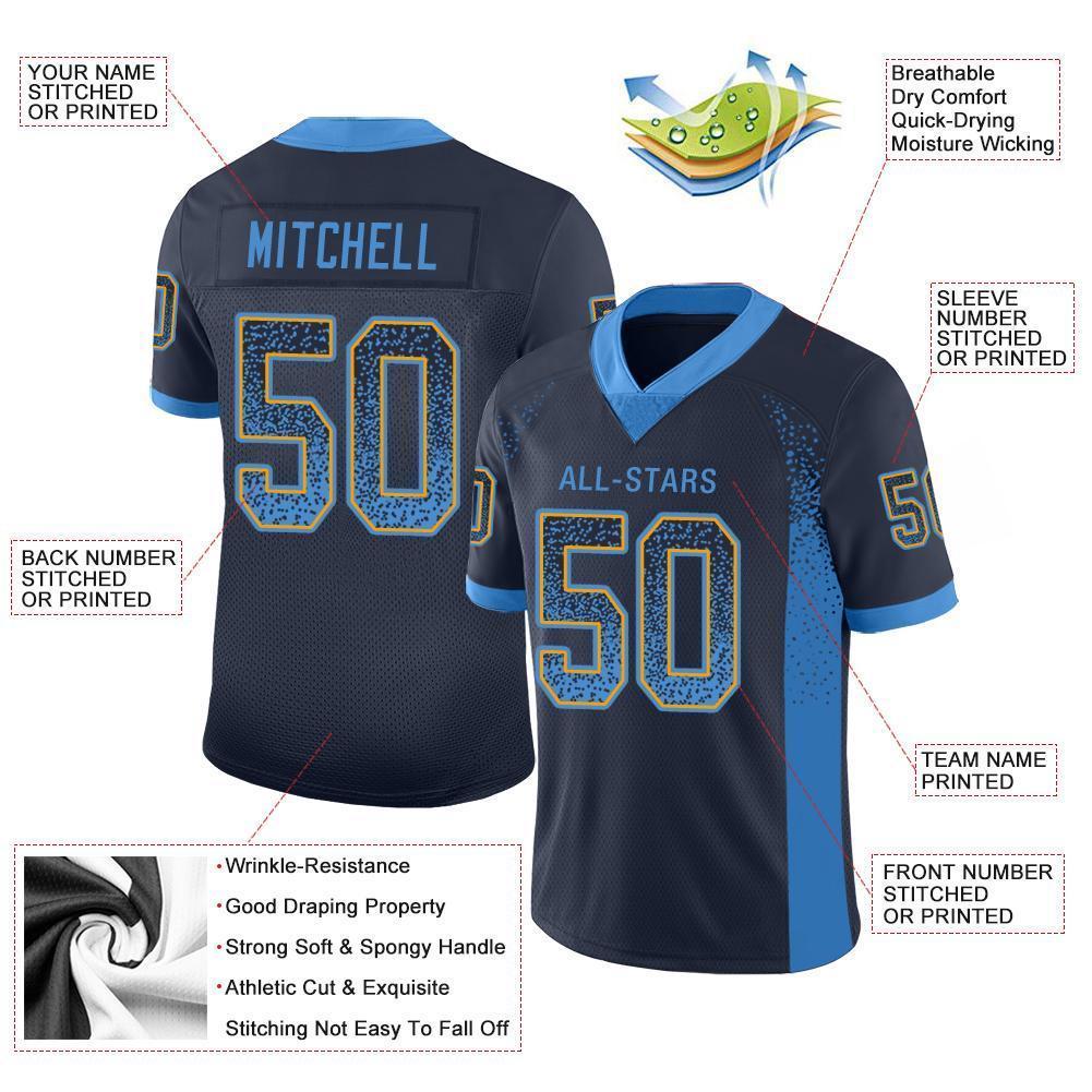 Custom Navy Powder Blue-Gold Mesh Drift Fashion Football Jersey Limited