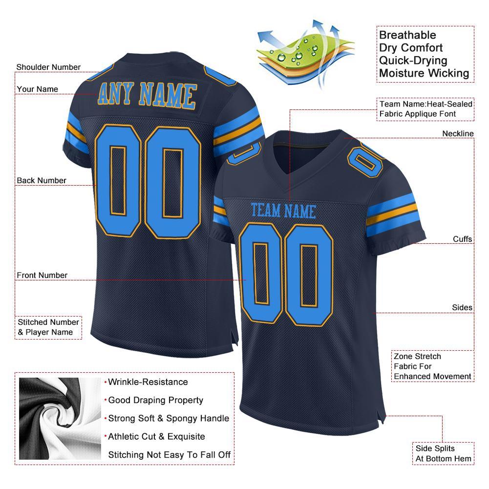 Custom Navy Powder Blue-Gold Mesh Authentic Football Jersey Limited
