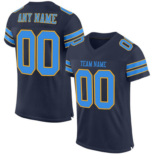 Custom Navy Powder Blue-Gold Mesh Authentic Football Jersey Limited
