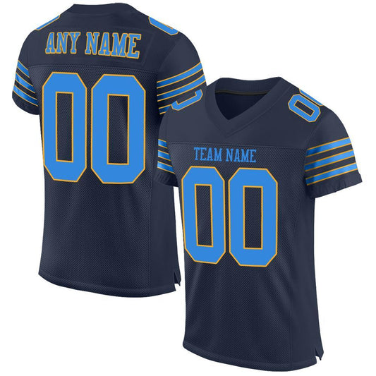 Custom Navy Powder Blue-Gold Mesh Authentic Football Jersey Limited