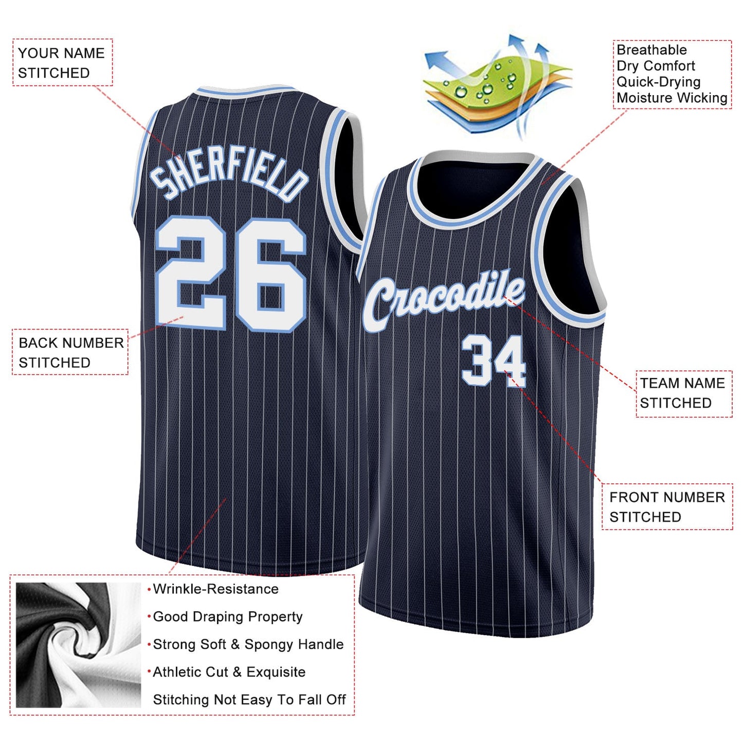 Custom Navy White Pinstripe White-Light Blue Authentic Basketball Jersey Limited