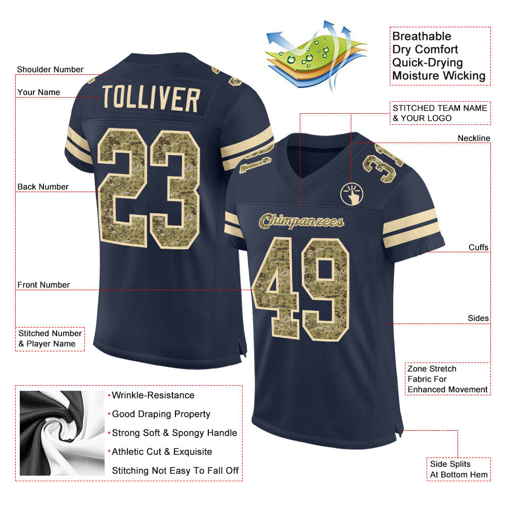 Custom Navy Camo-Cream Mesh Authentic Football Jersey Limited