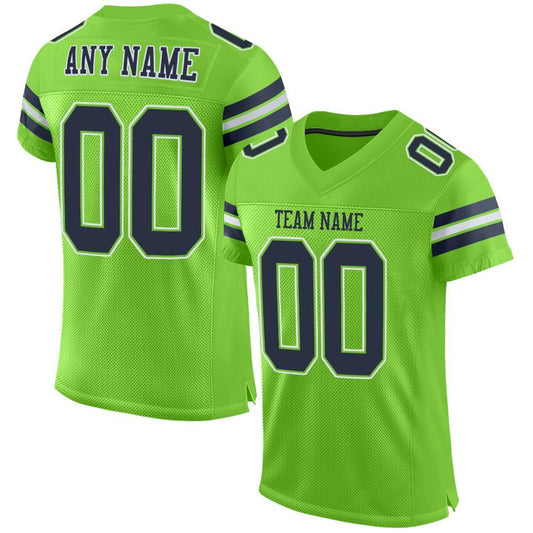 Custom Neon Green Navy-White Mesh Authentic Football Jersey Limited