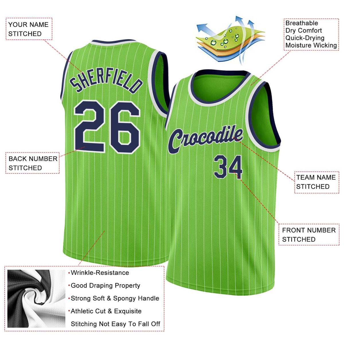 Custom Neon Green White Pinstripe Navy-White Authentic Basketball Jersey Limited