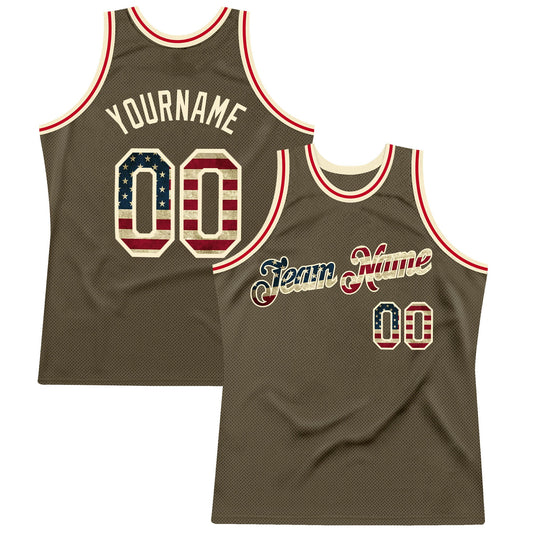 Custom Olive Vintage Usa Flag-Cream Authentic Throwback Salute To Service Basketball Jersey