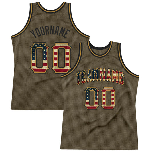 Custom Olive Vintage Usa Flag-Black Authentic Throwback Salute To Service Basketball Jersey