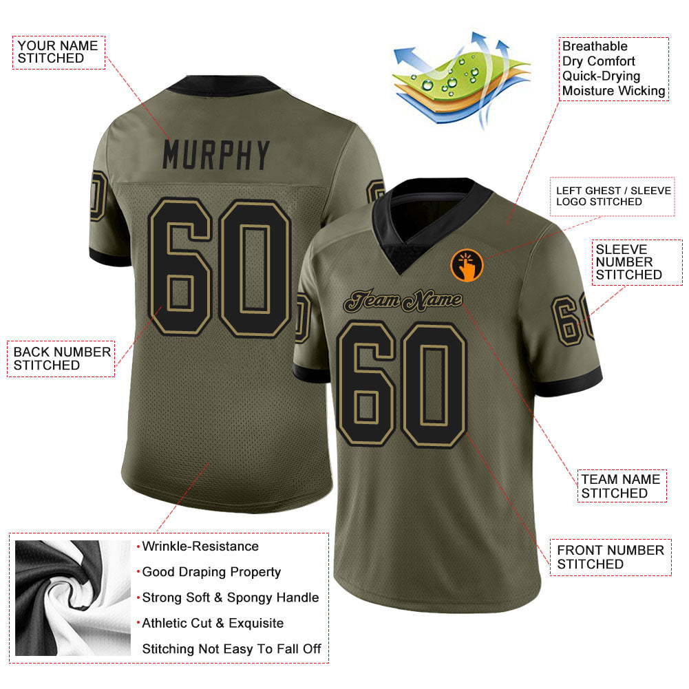 Custom Olive Black-Old Gold Mesh Salute To Service Football Jersey Limited