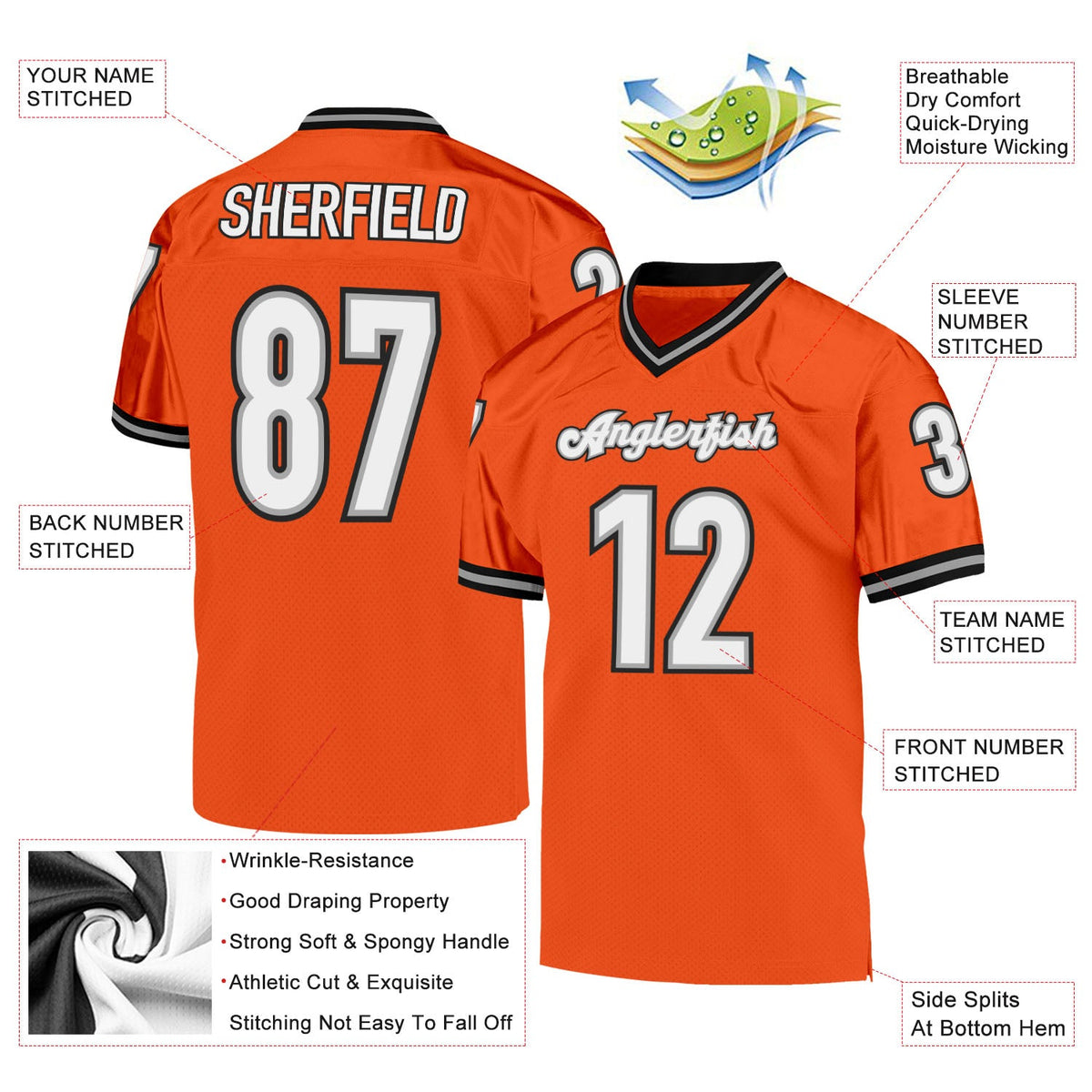 Custom Orange White-Black Mesh Authentic Throwback Football Jersey Limited