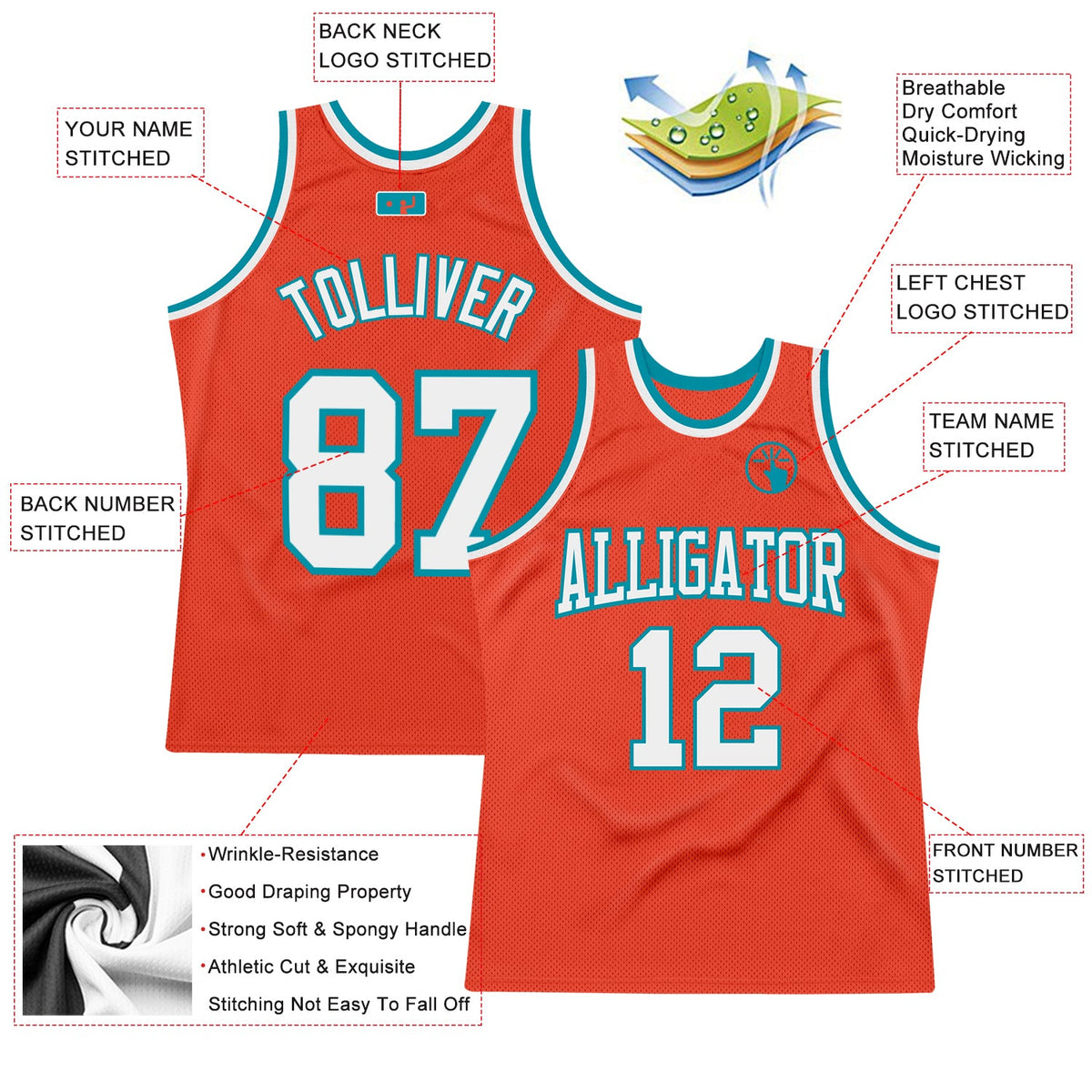 Custom Orange White-Teal Authentic Throwback Basketball Jersey Limited