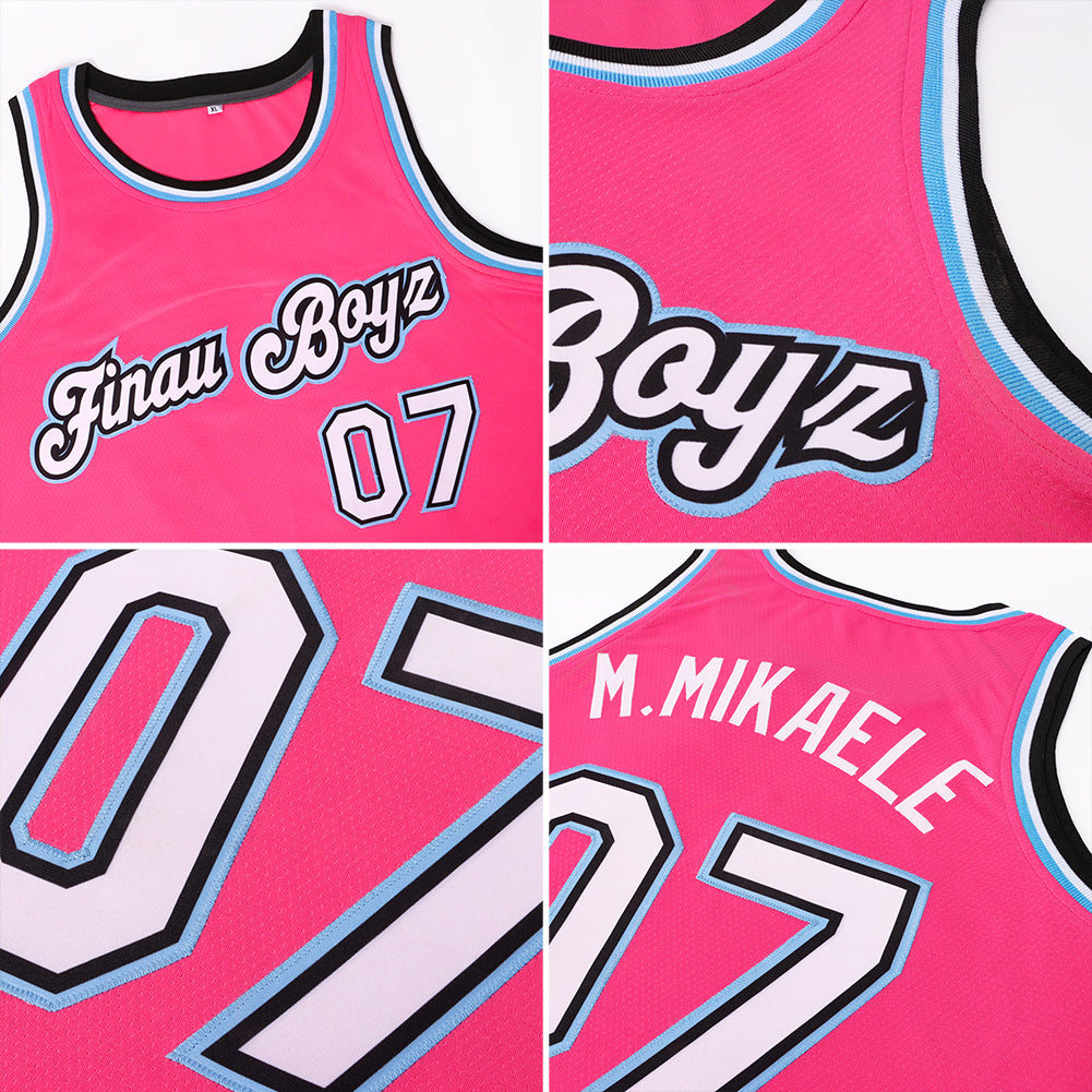 Custom Pink White-Light Blue Round Neck Rib-Knit Basketball Jersey Limited