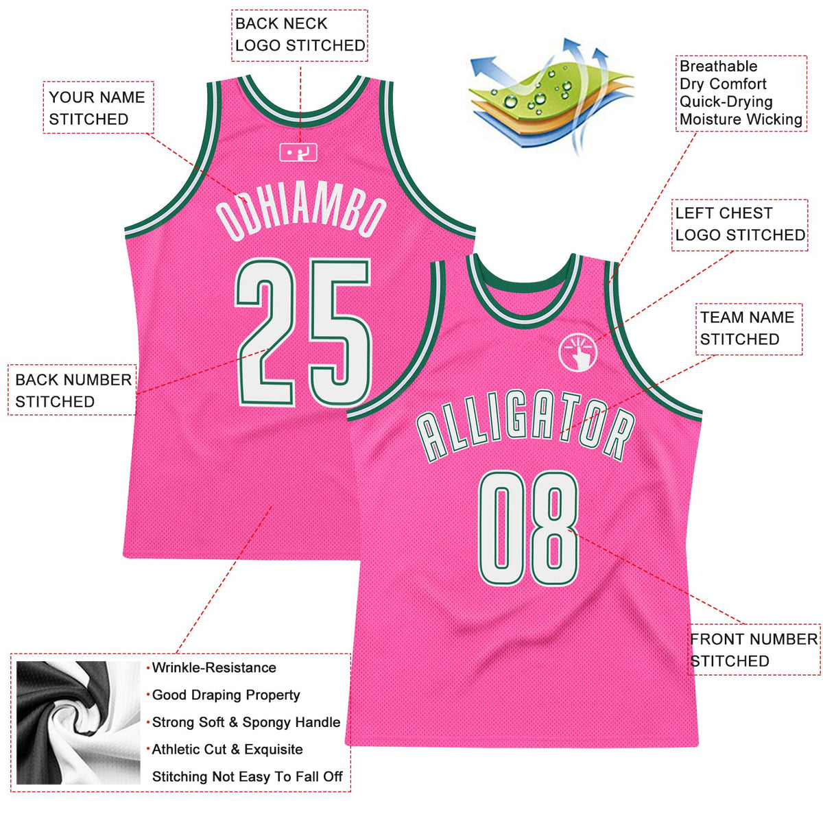 Custom Pink White-Kelly Green Authentic Throwback Basketball Jersey Limited