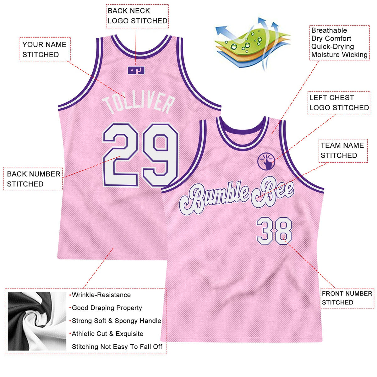 Custom Light Pink White-Purple Authentic Throwback Basketball Jersey Limited