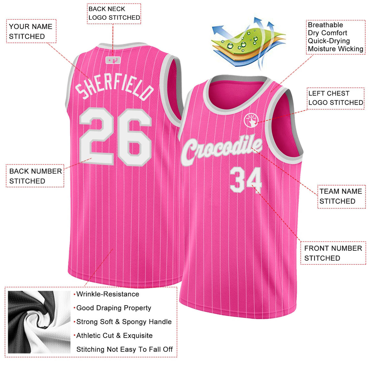 Custom Pink White Pinstripe White-Gray Authentic Basketball Jersey Limited