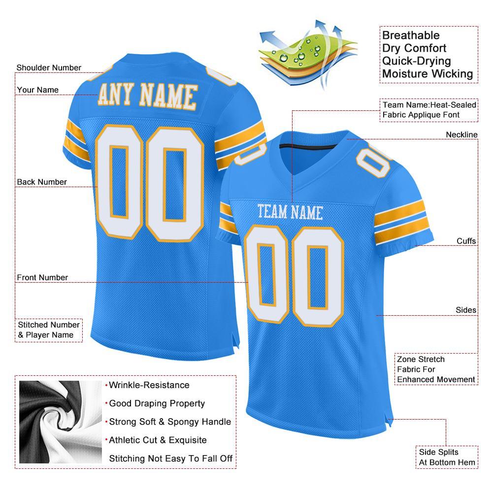 Custom Powder Blue White-Gold Mesh Authentic Football Jersey Limited
