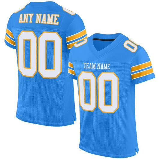 Custom Powder Blue White-Gold Mesh Authentic Football Jersey Limited