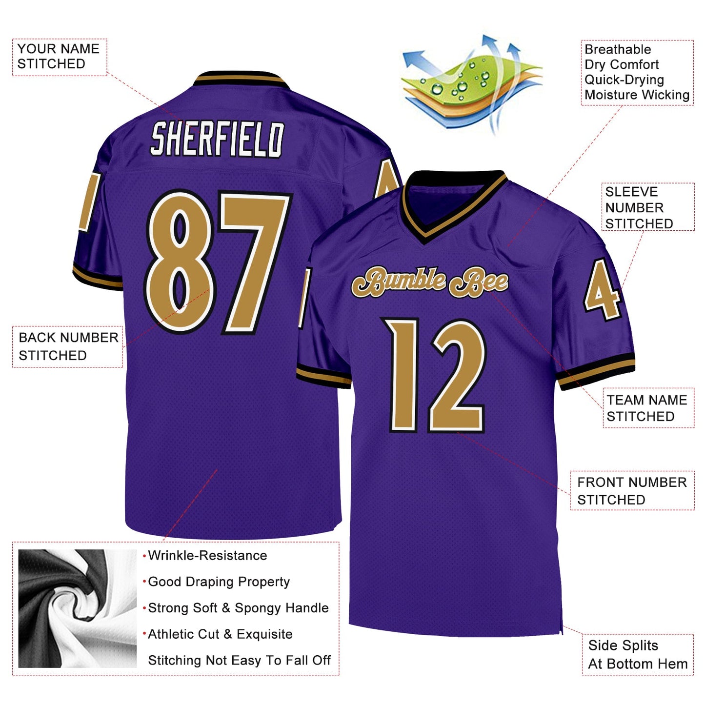 Custom Purple Old Gold-Black Mesh Authentic Throwback Football Jersey Limited