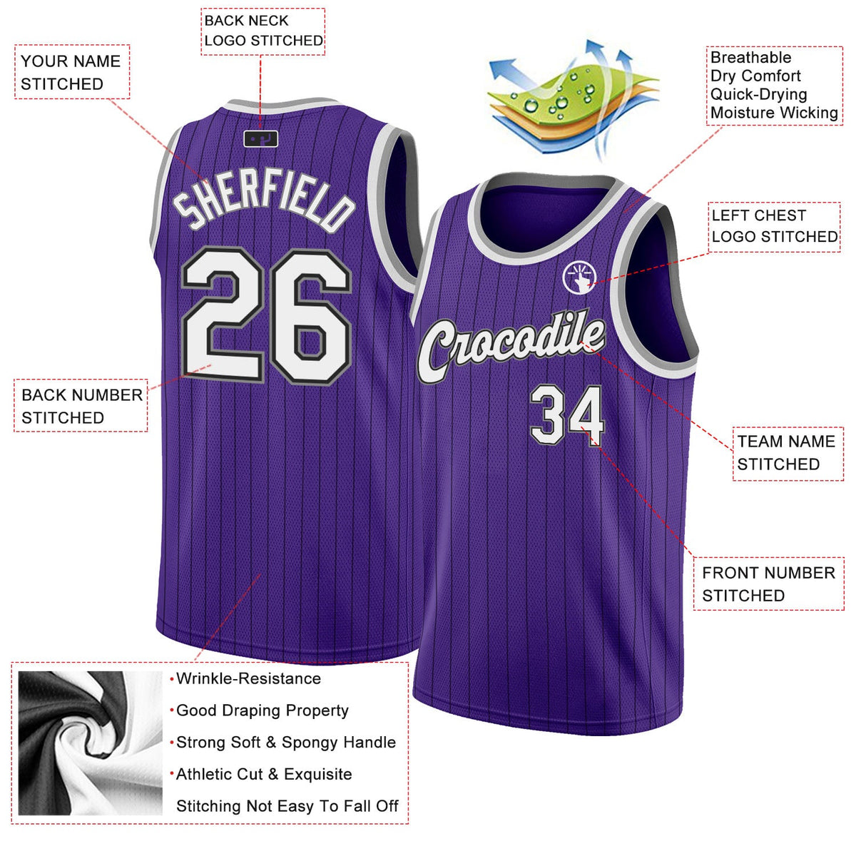 Custom Purple Black Pinstripe White-Gray Authentic Basketball Jersey Limited