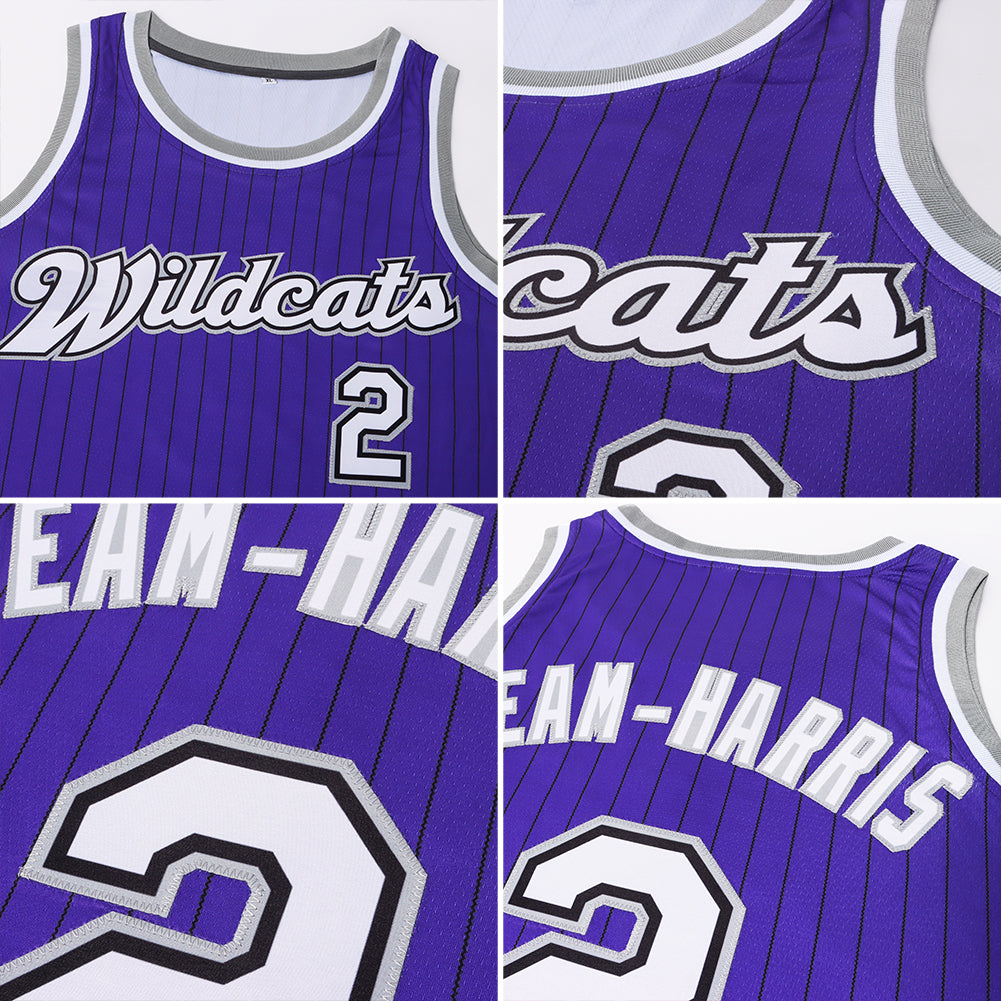 Custom Purple Black Pinstripe White-Gray Authentic Basketball Jersey Limited