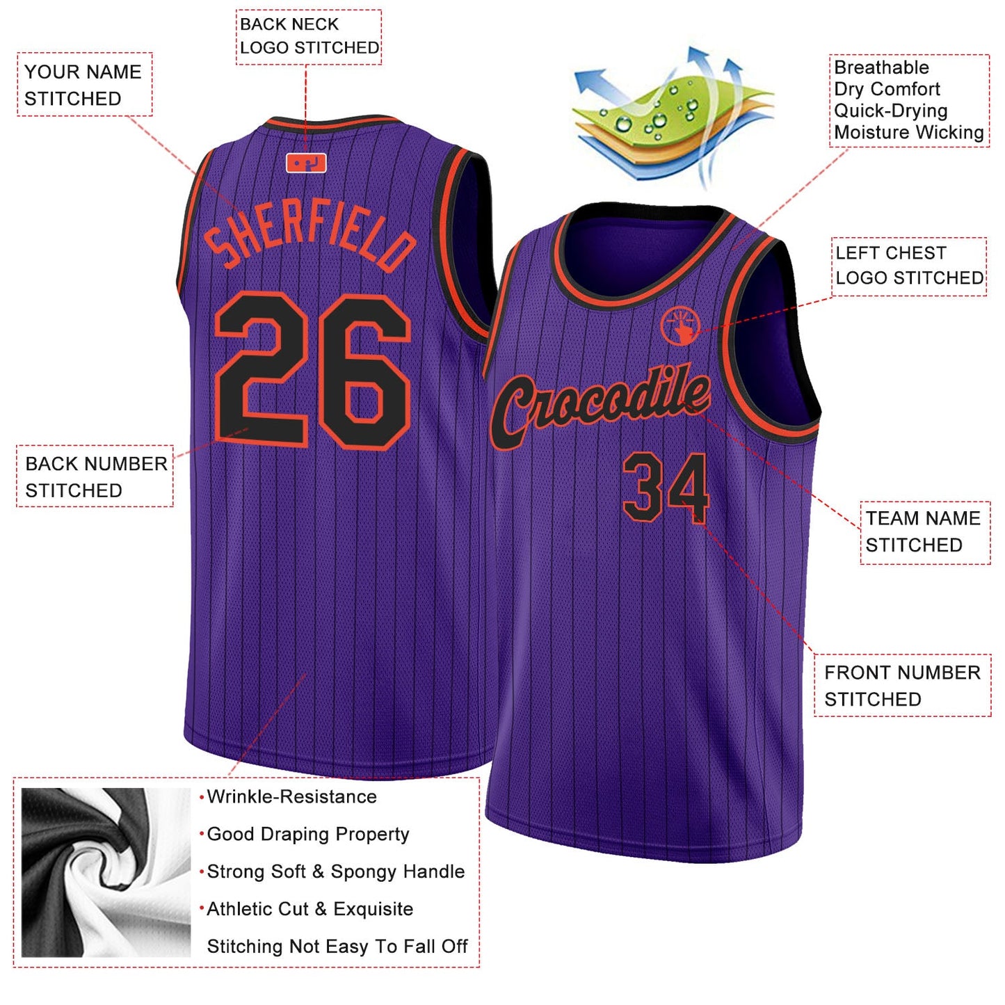 Custom Purple Black Pinstripe Black-Orange Authentic Basketball Jersey Limited