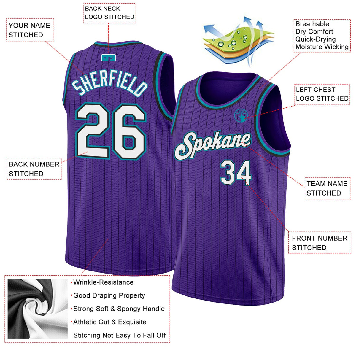 Custom Purple Black Pinstripe White-Teal Authentic Basketball Jersey Limited
