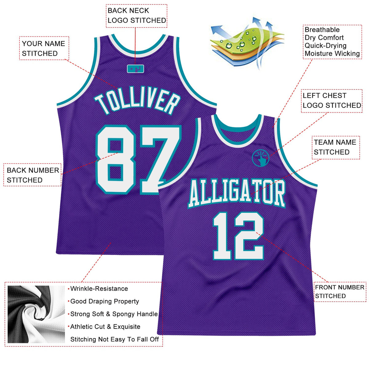 Custom Purple White-Teal Authentic Throwback Basketball Jersey Limited