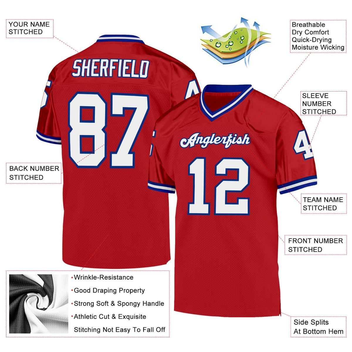 Custom Red White-Royal Mesh Authentic Throwback Football Jersey Limited