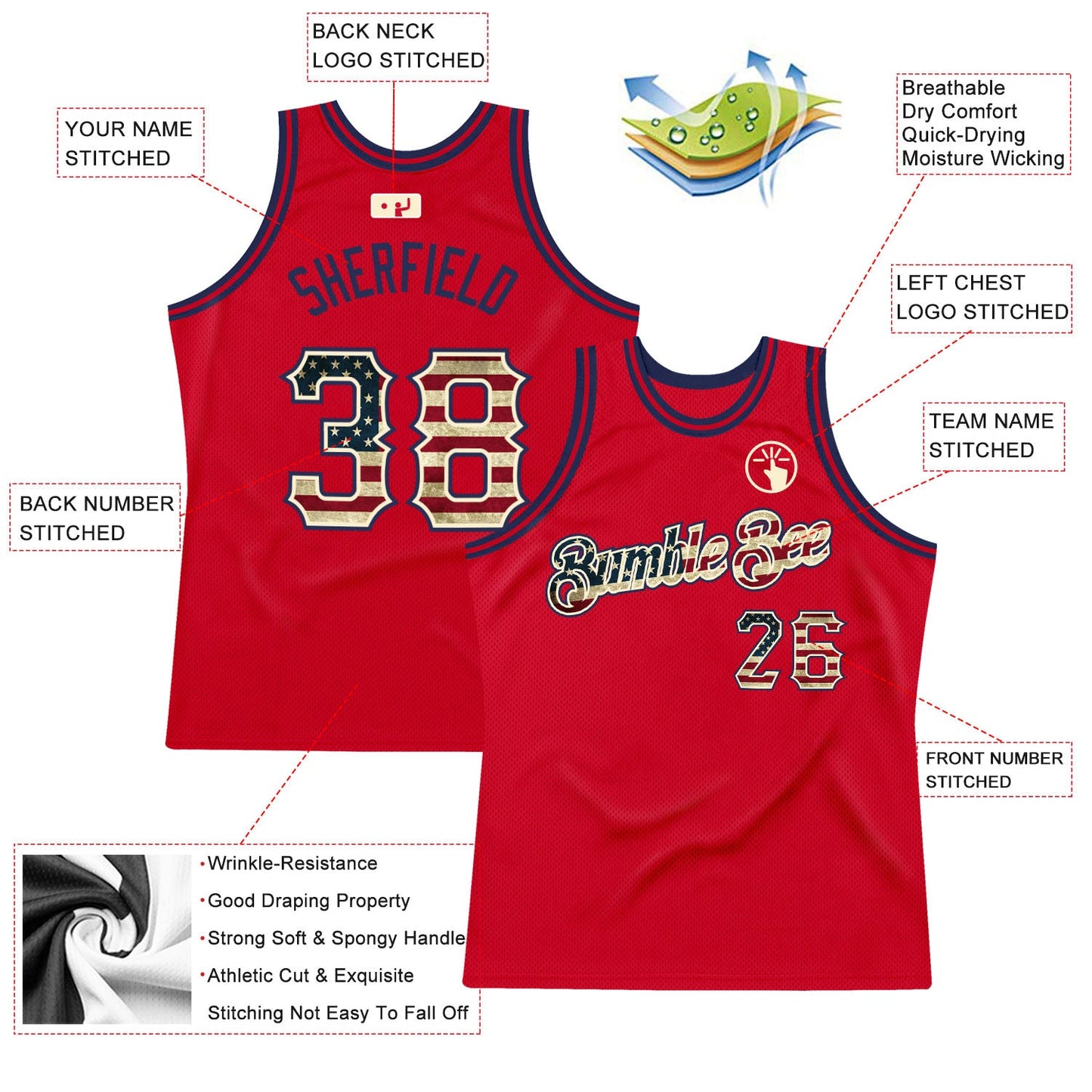 Custom Red Vintage Usa Flag-Black Authentic Throwback Basketball Jersey Limited