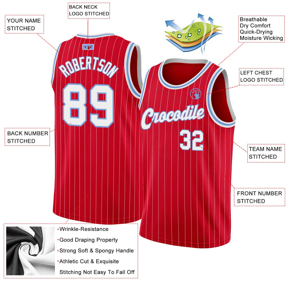 Custom Red White Pinstripe White-Light Blue Authentic Basketball Jersey Limited