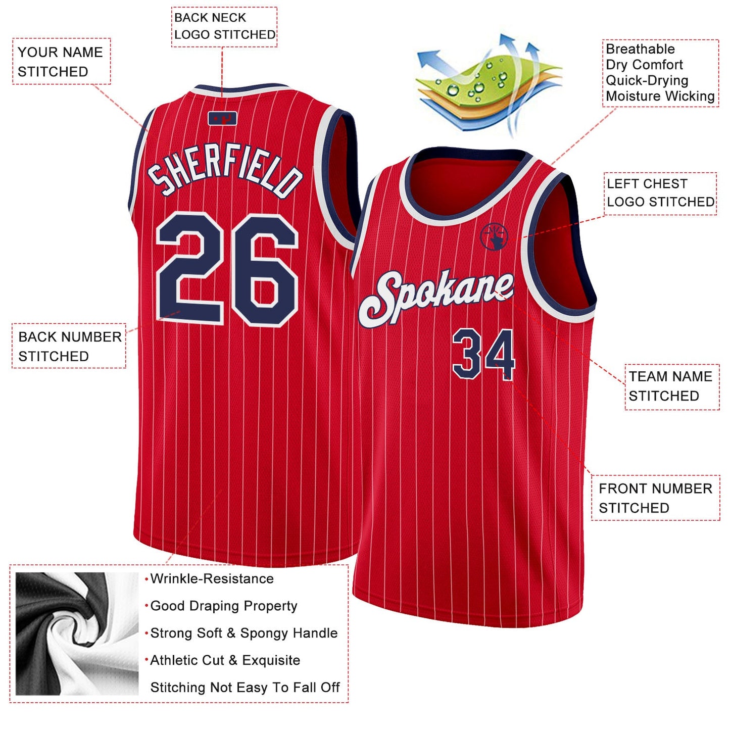 Custom Red White Pinstripe Navy-White Authentic Basketball Jersey Limited