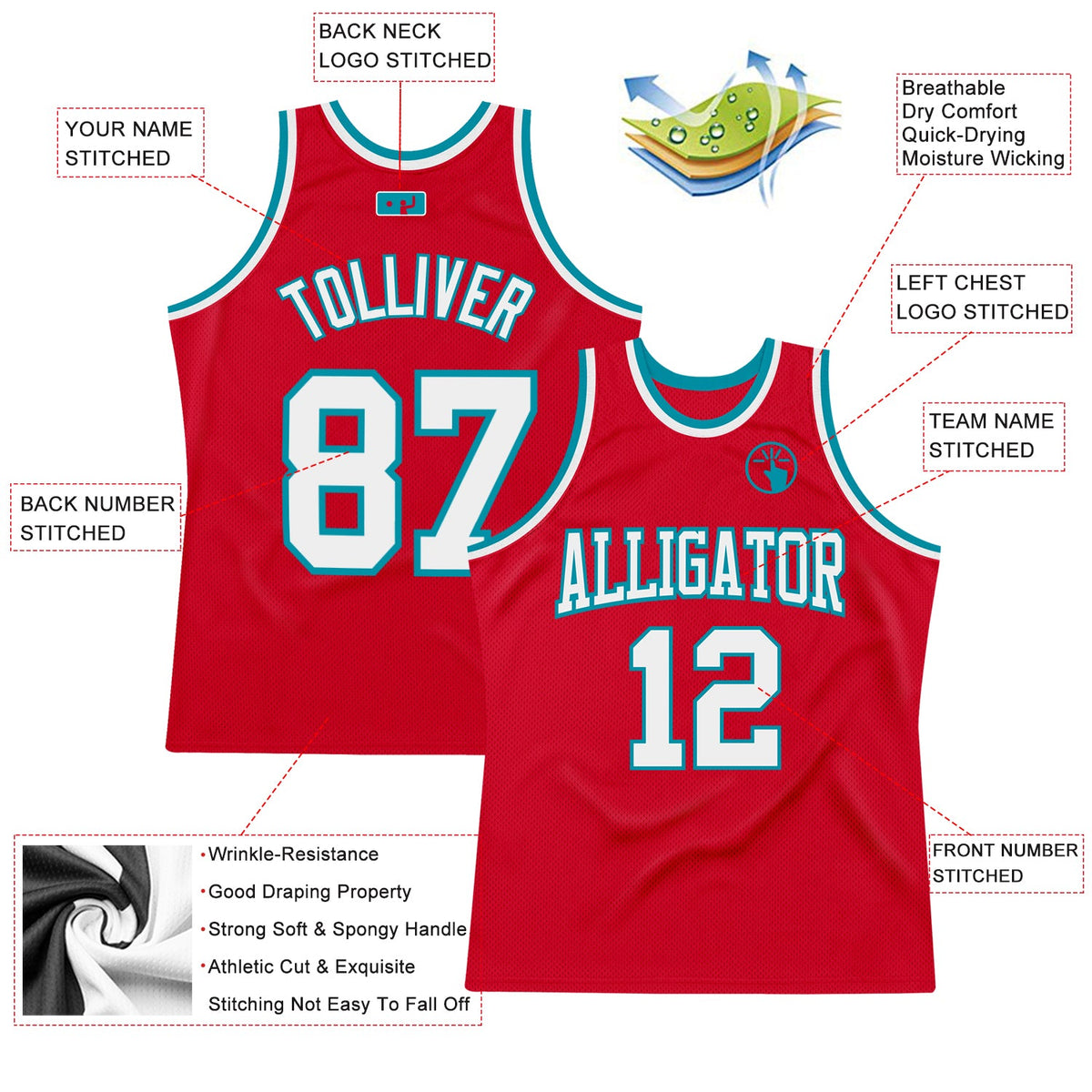 Custom Red White-Teal Authentic Throwback Basketball Jersey Limited