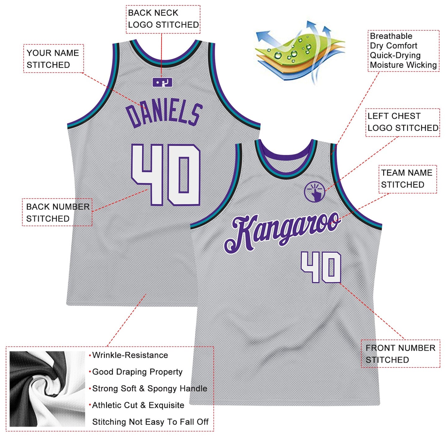 Custom Gray White-Purple Authentic Throwback Basketball Jersey Limited
