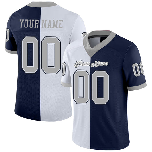 Custom Navy Gray-White Mesh Split Fashion Football Jersey Limited